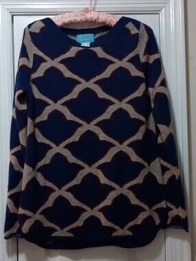 Islefield Blue and Cream Patterned Women's Sweater Cashmere Large